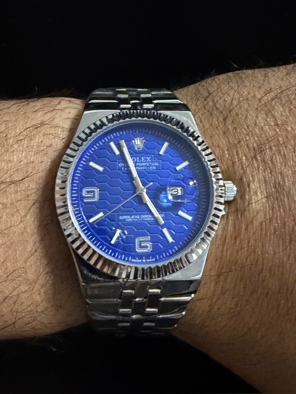 Silver Bracelet Watch with Blue Honeycomb Dial